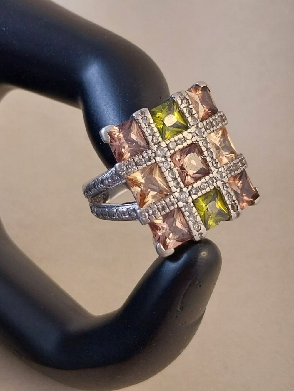 Sterling Silver Square Cluster Ring with Peach and Olive Stones